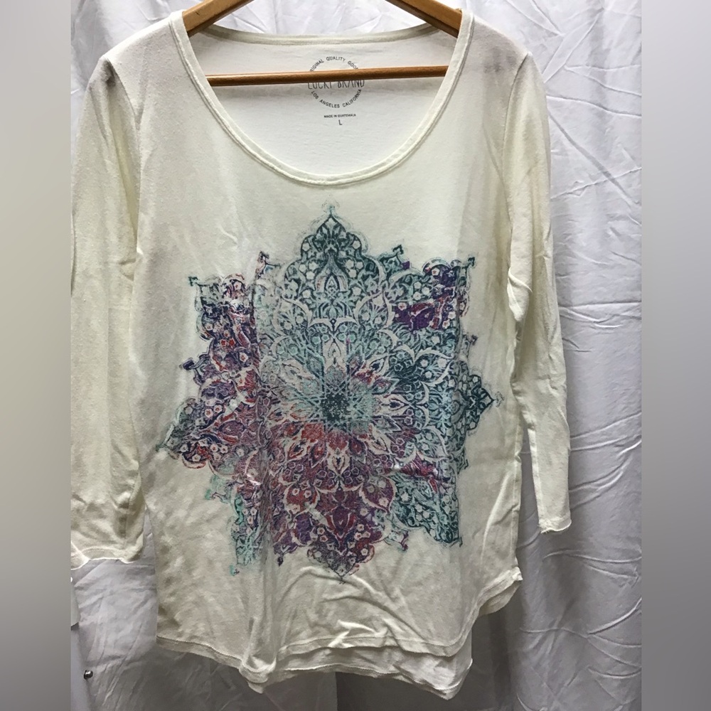 Lucky Brand Cream and Purple Graphic 3/4 Sleeve Blouse